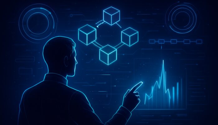 Futuristic analyst examining holographic blockchain charts for gas fee spikes amid vibrant cyber timelines