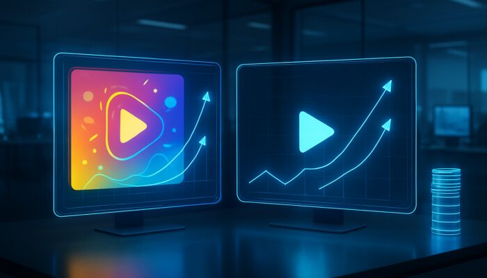 Holographic split-screen comparing dynamic and minimalist video ads with performance graphs for A/B testing optimisation