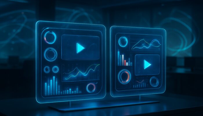Futuristic split-screen holographic dashboard comparing two video ad variants with vivid analytics graphs and metrics.
