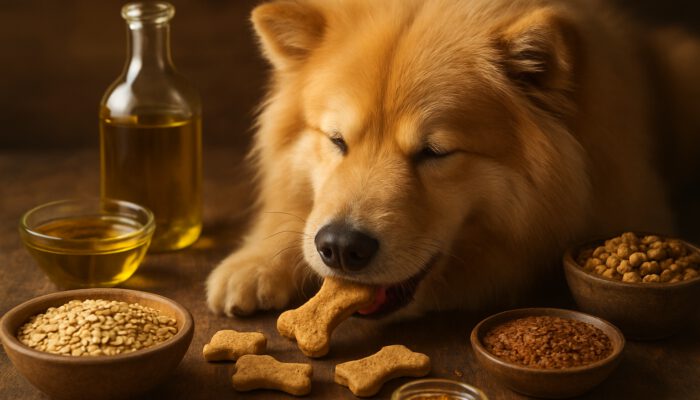 Fluffy dog with a shiny coat nibbling on hypoallergenic treats drizzled with flaxseed and olive oil on rustic wood.