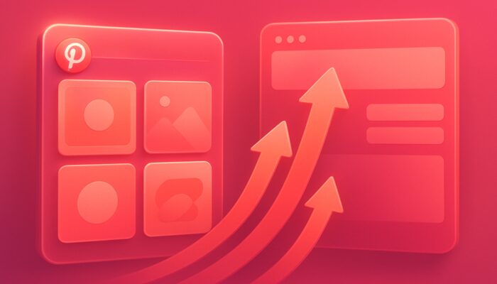 Illustration of Pinterest promoted pins sending traffic arrows to a website dashboard in pink tones