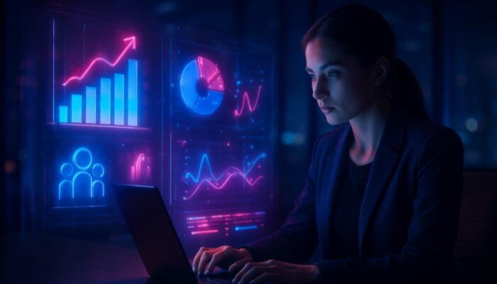 Digital marketer analysing holographic promoted pins and audience engagement metrics in a cyberpunk office