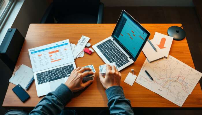 A traveler at a desk, planning a bus journey with a laptop, calendar, tickets, and a route map.