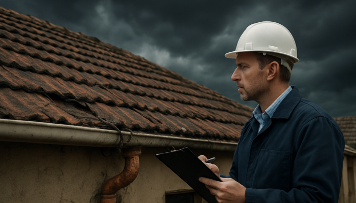 Professional inspector evaluates a cracked roof and exposed wiring on an aged South African home in Springs under a stormy sky.