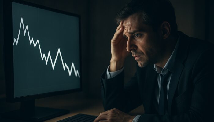 Stressed trader anxiously viewing zigzagging chart with false breakouts and whipsaws in dim light