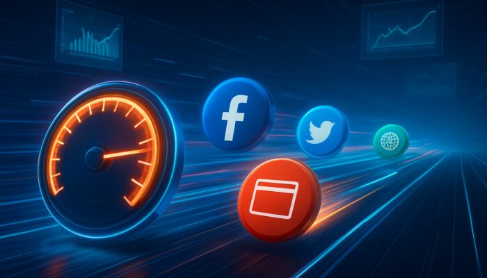 Website icons racing on a digital track with lagging rival, SEMrush charts and load metrics.