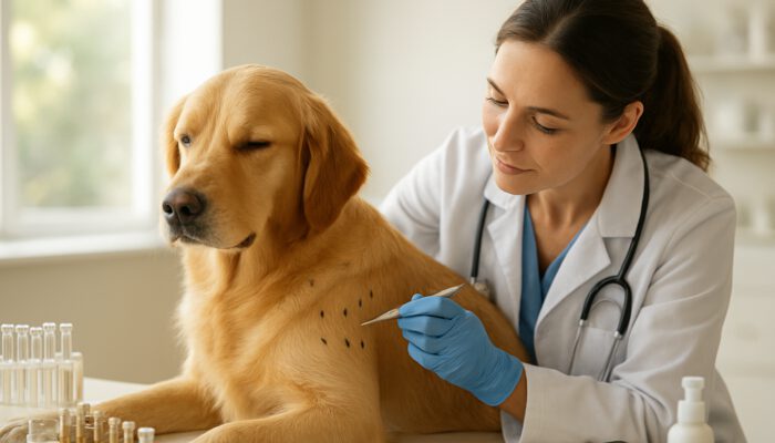 Veterinarian performing skin allergy test on serene golden retriever in sunlit clinic.