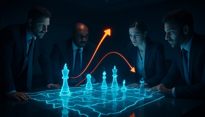 Business strategists analysing holographic competitor maps and chess pieces in a modern strategy room.