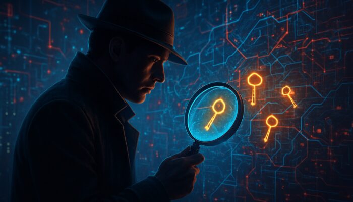 Digital detective revealing competitor keyword gaps with a glowing magnifying glass in a digital landscape