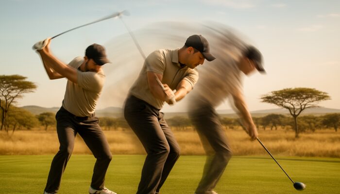 Focused golfer executing powerful swings with motion blur on sunlit South African savanna turf.