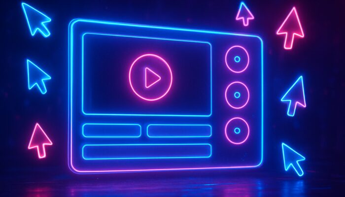 Neon cyberpunk interactive video interface featuring clickable choice buttons, hotspots, and floating cursors.