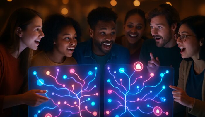 Diverse viewers discussing interactive video choices on glowing screens with social sharing icons