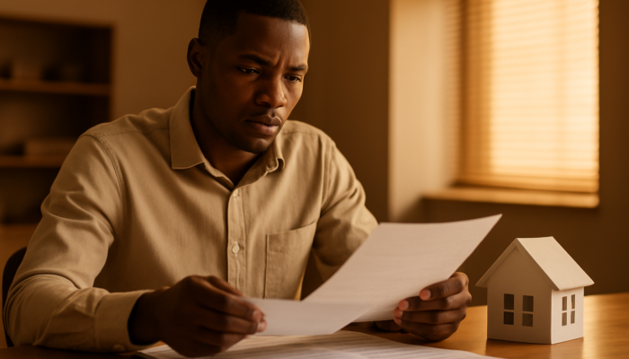 Determined South African applicant examining payslips and contracts for home loan approval at a bank.