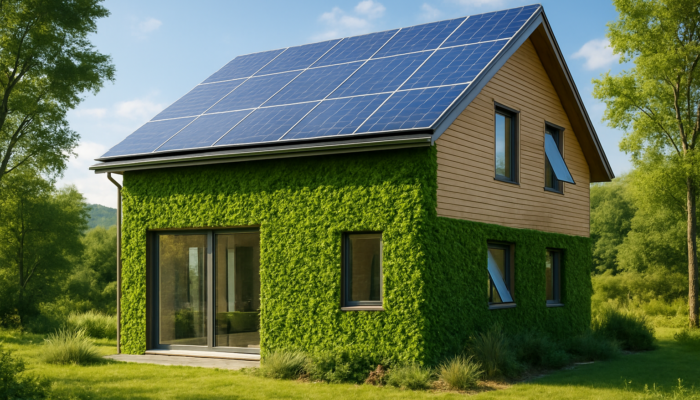 Modern eco-friendly house with solar panels, green walls, and smart windows in a peaceful landscape.