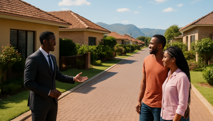 Couple exploring modern homes on a vibrant Thohoyandou street with a real estate agent under a sunny sky.