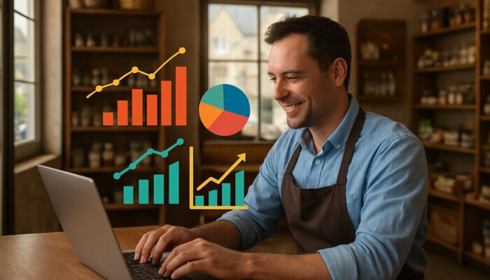 Small business owner in Tidworth reviews analytics dashboard with engagement graphs in village shop