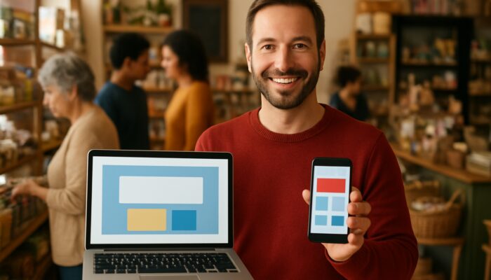 Tidworth shop owner smiles while showcasing mobile-optimized website on laptop and posting on smartphone to customers.