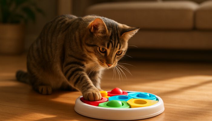 Curious tabby cat pawing at colorful interactive puzzle toy on sunlit wooden floor