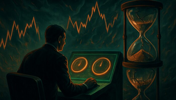 Trader weighing Day vs GTC orders at terminal amid stormy volatile charts and cracking hourglasses
