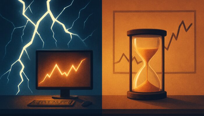 Split-screen trading desk: lightning bolts for instant IOC vs hourglass for patient GTC orders in volatile markets