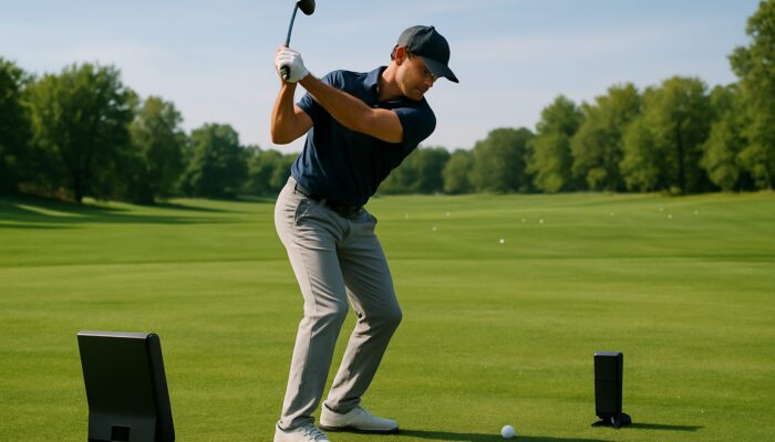 Focused golfer using launch monitors and swing analyzers on sunny driving range to refine form.