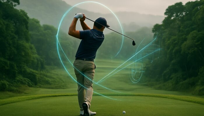 Golfer mid-swing on misty South African course with holographic swing data overlays