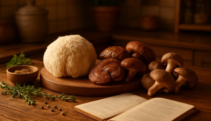 Cozy kitchen with fresh lion's mane, reishi, and shiitake mushrooms, herbs, spices, and recipe cards
