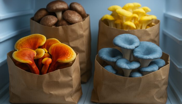 Vibrant medicinal mushrooms in paper bags stored in a refrigerator for freshness.