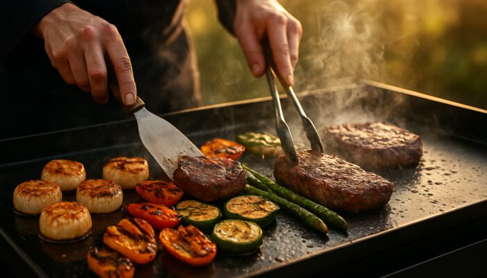 Chef searing scallops, vegetables, and steaks on a sizzling outdoor plancha grill during golden hour.