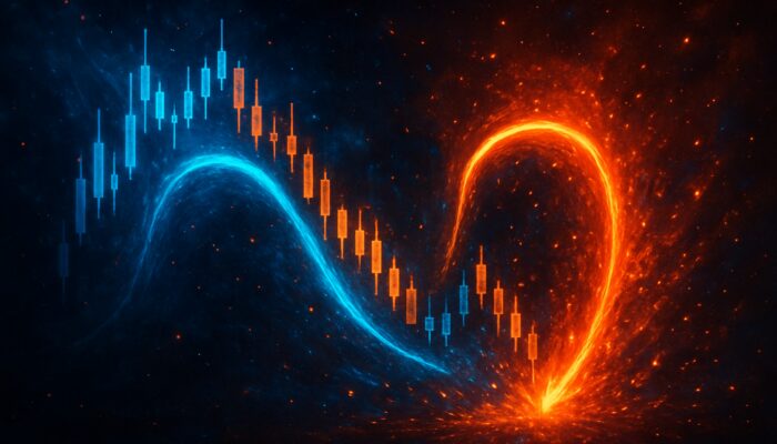 Surreal stock index reversal chart featuring swirling candlesticks in neon blue and orange cosmic style