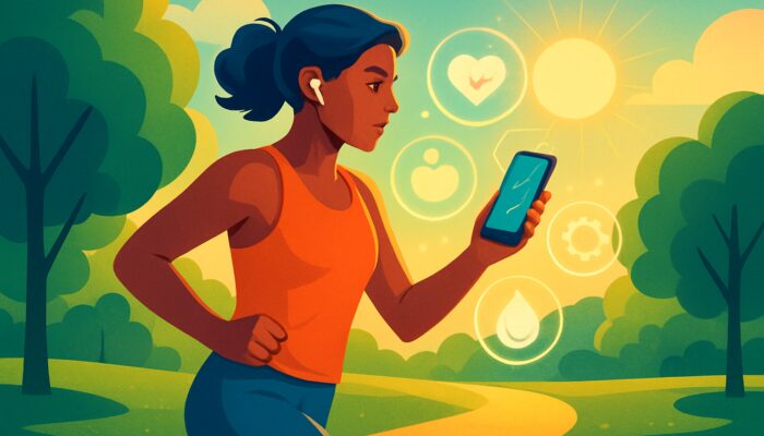 Individual jogging in a sunlit park checks a fitness app featuring floating holographic health metrics.