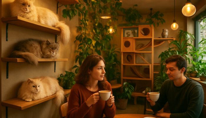 Modern cat cafe with fluffy cats on shelves, patrons enjoying lattes surrounded by greenery and warm lighting.