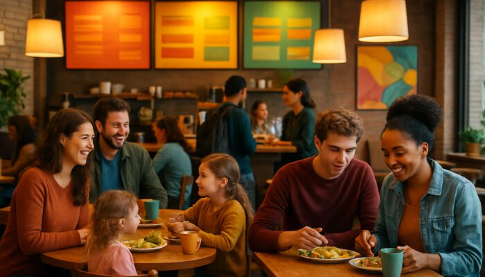 Families and students enjoying discounts in a vibrant cafe setting.