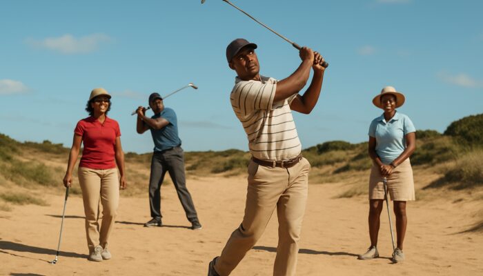 Diverse township golfers swinging composite clubs on sandy fairways near Port Elizabeth.