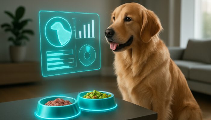 Futuristic holographic tablet displaying personalised nutrition data for a golden retriever in a contemporary home
