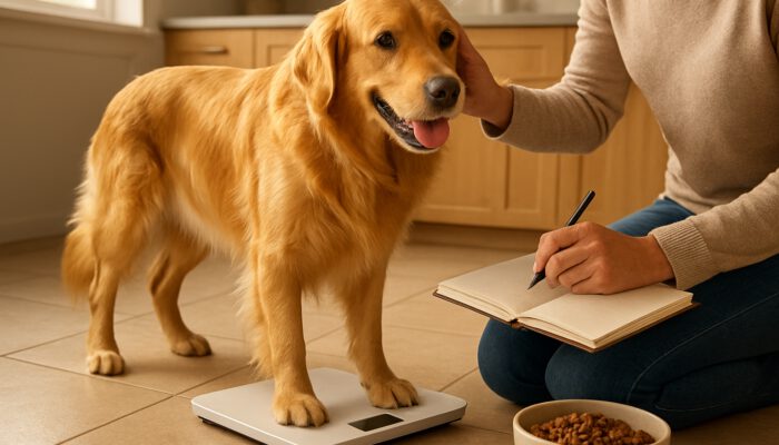 Owner weighs energetic golden retriever on scale while checking its coat in a sunlit kitchen