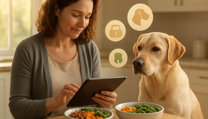 Owner reviews Labrador health data on a tablet beside tailored nutrition bowls in a kitchen