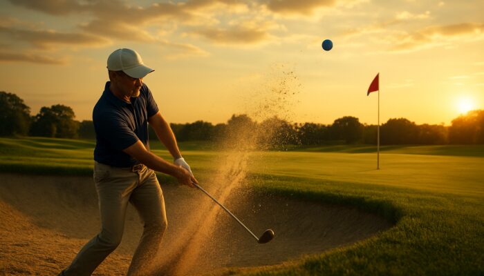 Professional golfer chipping from sand bunker with wedge toward flagstick in golden hour light.