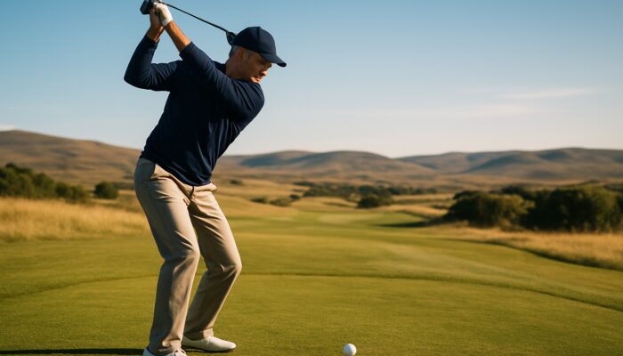 Dedicated golfer executing a slow pitching wedge swing on a sunlit Bloemfontein fairway with rolling hills.