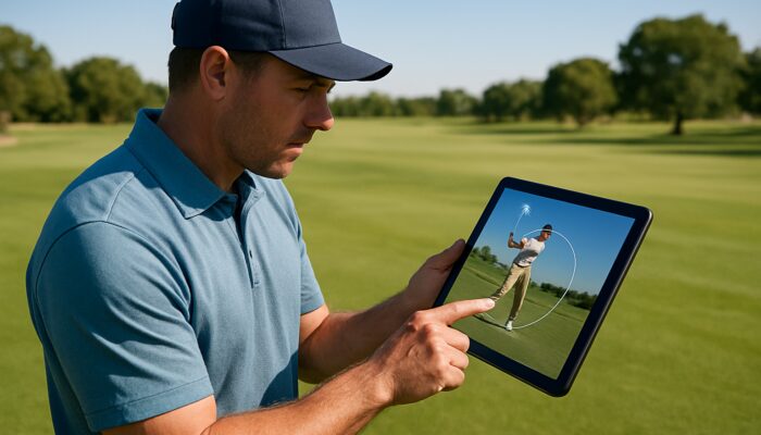 Golf instructor in Gauteng analysing slow-motion swing on tablet at a sunlit inland fairway.