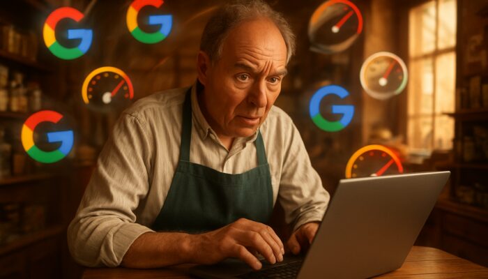 British shopkeeper anxiously optimizing mobile site speed on laptop amidst Google icons in a village store