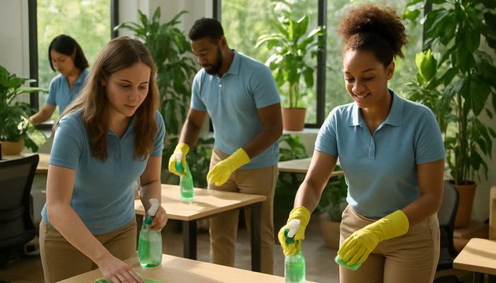 Diverse team using biodegradable sprays in a bright Trent office surrounded by greenery for sustainable cleaning.
