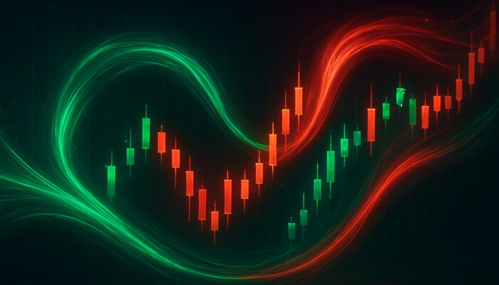 Vivid digital artwork of Twiggs Money Flow with emerald and crimson currency streams in glowing candlestick charts.