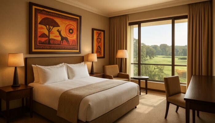 Luxury South African golf resort suite with plush bedding and vibrant African artwork in warm light