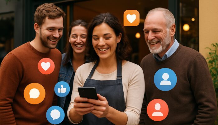 Wellington cafe owner sharing Instagram promotions with smiling locals and social icons