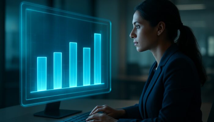 Marketer assessing holographic dashboard showcasing glowing bar charts comparing video ad engagement rates to industry benchmarks.