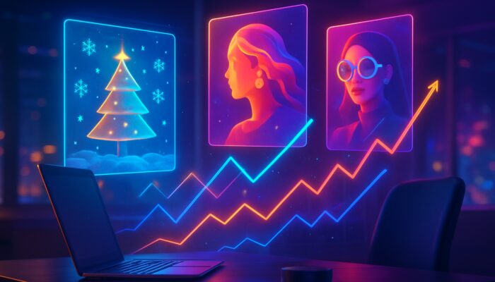 Futuristic digital workspace displaying morphing holographic ads and rising engagement graphs in vibrant colours.