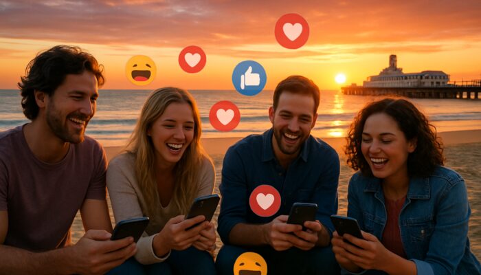Bournemouth beach sunset with locals enjoying viral posts on their phones surrounded by floating likes and a pier backdrop