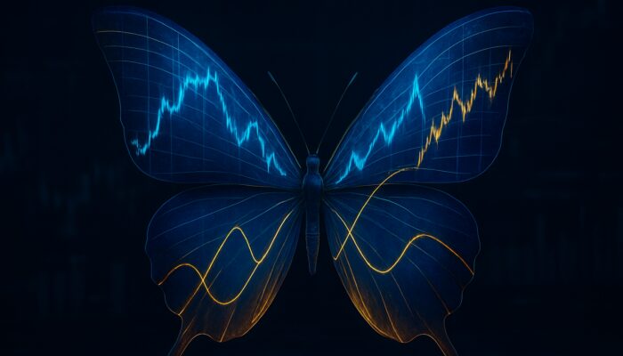 Surreal butterfly with wings of stock charts and option curves symbolizing butterfly spread strategy
