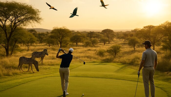 Golfers teeing off on Serengeti course amid zebras and birds in golden South African bushveld sunlight.